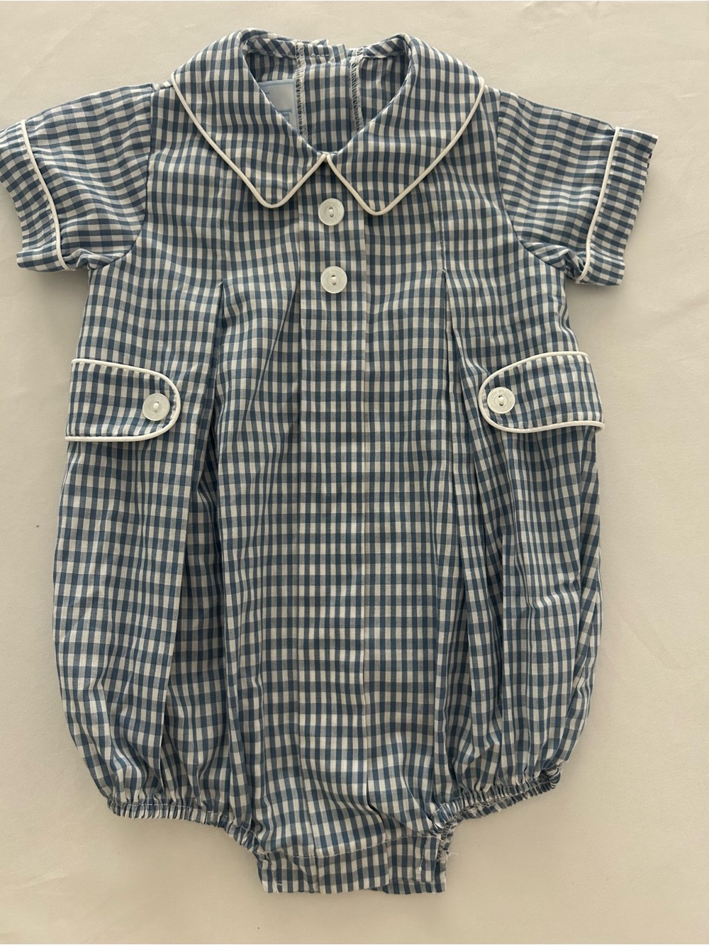 12M Little English Blue and White Gingham Infant bubble Romper LN